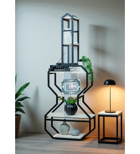 DEKORATİF SİYAH METAL KİTAPLIK BEYAZ AHŞAP RAFLI GİTAR ÜNİTE ÇOK AMAÇLI SALON OFİS DÜZENLEYİCİ