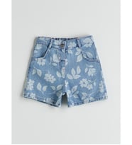 LCW Kids İndigo Beli Ayarlanabilir Lastikli Çiçekli Kız Çocuk Jean Şort