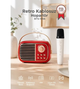 Torima Bluetooth Hoparlör Nostaljik Radyo Mikrofonlu Rgb Işıklı TWS USB TF Speaker BTS-1956 Kırmızı