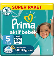 Prima 5 Beden Aktif Bebek Bezi Süper Paket 46x4 184 Adet