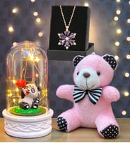Gerçek Ametist Taşlı Lotus Kolye, Peluş Anahtarlık ve Led Işıklı Fanus Premium Hediye Seti (Model 4)