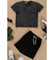 Batik Yıkamalı Siyah Tshirt Şort Takım