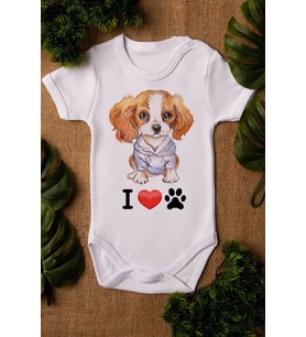 Unisex Beyaz Bebek Köpek Baskılı Çıtçıtlı Body