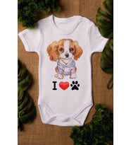 Unisex Beyaz Bebek Köpek Baskılı Çıtçıtlı Body