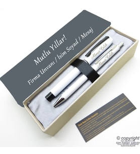 Scrikss İsme Özel Kalem Seti - Beyaz Krom Roller Kalem + Tükenmez Set (Karışık)