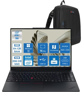 Lenovo Thinkpad E16 Gen 3 Intel Core Ultra 7 265U 64GB Ddr5 256GB SSD Windows 11 Home Intel Aı Boost 16 Inç Wuxga (1920 x 1200) IPS 300NITS Taşınabilir Bilgisayar 21SR0076TXH26 + Zetta Çanta