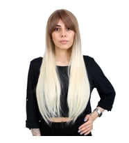Fiber Sentetik Uzun Düz Kahküllü Peruk - Kumral / Platin Ombreli