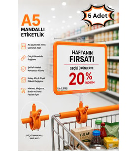 5 Adet - A5 Mandallı Etiketlik Fiyatlık Sepet Raf Askılık Fiyat Etiketi Çerçeveli Market Mağaza Turuncu