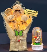 Kişiye Özel Led Işıklı Büyük Boy Peluş Ayıcık Buketi ve Led Işıklı Biblolu Fanus (Model 8)