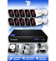 PICAM 10 Kameralı Kare 10 Dış Kamera Set 2 TB HDD Full HD Gece Görüşlü Güvenlik Kamerası Sistemi