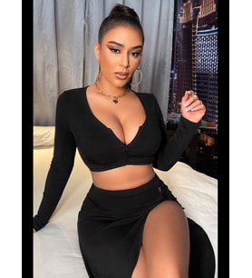 Fantezia Night Kadın Siyah Uzun Kol Göğüs ve Göbek Dekolteli Fermuarlı Crop Top Bluz