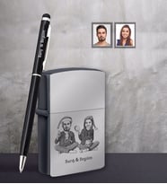 Kişiye Özel Yılbaşı Sevgili Karikatürlü Siyah Çakmak Kalem Hediye Seti Model-5 (Model 1)