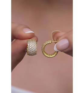 925 Ayar Gümüş Gold 5 Sıra Beyaz Taşlı Yarım Tur Küpe