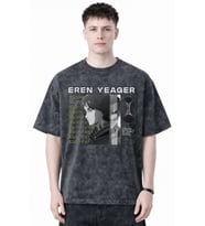 Tasarım Eren Yeager Attack On Titan Anime Baskılı Unisex Oversize Eskitme Yıkamalı Tişört