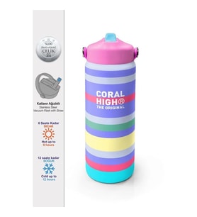 CORAL HIGH 38302 KIDS HIGH MİLKA GRİ SARI ÇİZGİLİ DESENLİ KATLANIR AĞIZLI PİPETLİ ÇELİK TERMOS 650ML