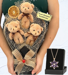Kişiye Özel Büyük Boy 3'lü Tasarım Peluş Ayıcık Buketi ve Gerçek Ametist Taşlı Lotus Kolye (Model 5)