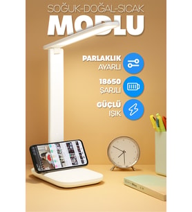 Şarjlı Masa Lambası, Renkli Dokunmatik, Telefon Standlı, Kademeli Işık (Krem)