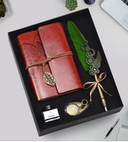 Tüylü Divit Kalem ve Deri Kapaklı Vintage Anı-Seyahat Defteri Hediye Seti (Siyah)