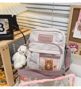 Ayıcık Figürlü Okul Çantası Omuz Çantası Krem Pembe