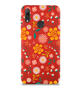 Huawei Y7 2019 Uyumlu Lansman Kılıf Çiçek Tasarımlı İçi Kadife Kapak (Kırmızı)