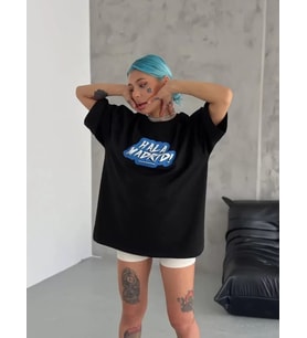 pilelistore- Unisex Bisiklet Yaka Baskılı Oversize T-Shirt - Siyah