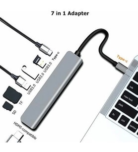 Type-C'den HDMI'a 7'si 1 arada dönüştürücü HDMI USB SD/MicroSD Type-C Güç Dağıtımı (PD) USB 3.0 Portları (Gri-Gri-Gri)