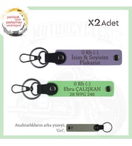 Bikerlar İçin Özel, İsim Plaka ve 0- Kan Grubu Yazılı Hediyelik x2 Anahtarlık Takımı, Mor-F Yeşil-Gr (Çok Renkli)