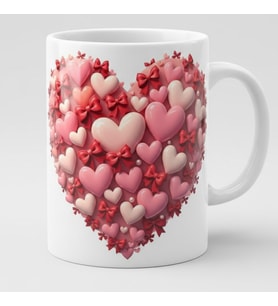Aşk Dolu Kabartma Kalp Kupa - Fiyonklu Pembe Kalpler 3D Tasarımlı Özel Mug (Beyaz)