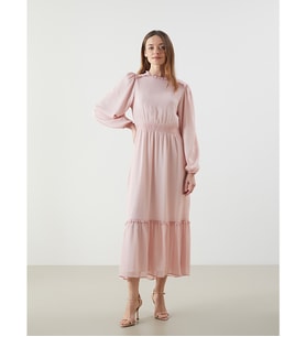 LCWAIKIKI Classic Pembe Fırfırlı Dik Yaka Elbise