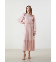 LCWAIKIKI Classic Pembe Fırfırlı Dik Yaka Elbise