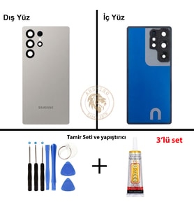 Samsung S25 Ultra Gümüş Arka Pil Kapağı Batarya Kapağı Lazer Kesim + Yapıştırıcı ve Vida Seti