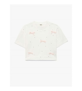 Koton Fiyonk ve Taş Detaylı Ekru Kız Çocuk T-Shirt 6SKG10192A