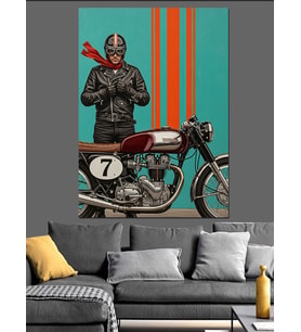 Kasklı Motorcu Ve Yarış Motoru Retro Dekoratif Kanvas - Mdf Ahşap Tablo