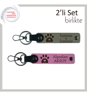 Sevgilinizle Ortak Kullanıma Uygun, Kalpli Pati Motifli Deri Anahtarlık Takımı, Kül Gri-Pembe