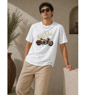 Erkek Motosiklet Baskılı Tişört Bisiklet Yaka Kısa Kol Yazlık T-Shirt - Beyaz