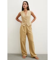 Boru Paça Yüksek Bel Keten Pantolon Camel