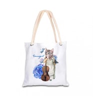 Kişiye Özel Gitarlı Kedi Baskılı Bez Kol Çantası 40x40 cm HK2354 (Beyaz)