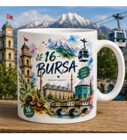Bursa Temalı Hediyelik Kupa Bardak - 16 Plaka Yeşilin Başkenti Suluboya Efektli Özel Tasarım Kupa
