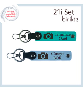 Sanata Aşık Sevgiliye, Kamera Desenli, Kişisel İsimli 2’li Anahtarlık Takımı, Koyu Turkuaz-Gök Mavi