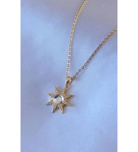 Zirkon Taşlı İncili Kutup Yıldızı Kadın Kolye – Gold Renk Paslanmaz Çelik 55 cm Anlamlı Tasarım (Gümüş)