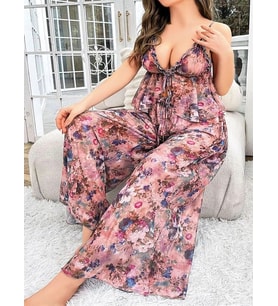 Amora Secret Özel Tasarım Büyük Beden Çiçek Desenli Bol Kesim 2'li Pijama Takımı