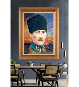 Altın Varaklı Çerçeveli Paspartulu Atatürk Tablo nh233 (Gold)