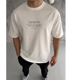 Erkek Kısa Kol Yazlık Tişört Bisiklet Yaka Baskılı Oversize T-Shirt - Beyaz