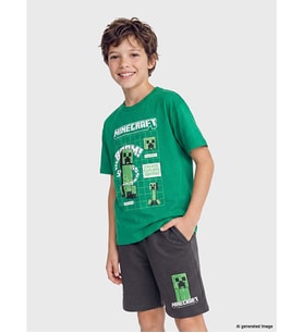 LCW Kids Yeşil Bisiklet Yaka Minecraft Baskılı Erkek Çocuk Tişört
