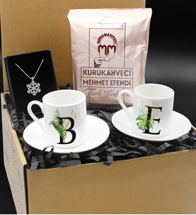Kişiye Özel İkili Türk Kahvesi Fincanı Seti & Türk Kahvesi & Gümüş Renk Kaplama Kar Tanesi Kolye