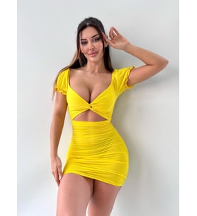 Sarı Kısa Kol Pencere Detay Bodycon Mini Elbise
