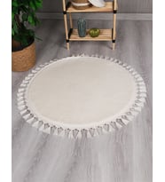 Modern Dekoratif Yuvarlak Puffy Peluş Ponpon Saçaklı Salon Oturma Odası Halısı Krem