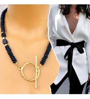 Manna by Banu, BLACK BEAUTY Kolye, Doğal Taş, Oniks, Ahşap, Altın Kaplama, El Yapımı, Kadın Gerdanlık