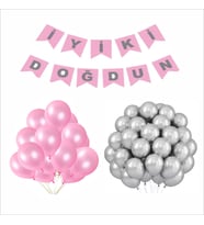METALİK PEMBE-GÜMÜŞ BALON+BANNER SETİ