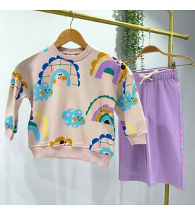 Gökkuşağı ve Bulut Desenli Pudra Sweatshirt - Lila Yan Şeritli Eşofman Altı Alt Üst Takım
